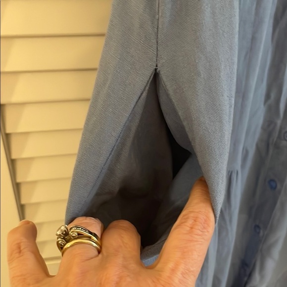 Magari Slate Blue 3/4 Puff Sleeve Button Down Tiered Pocketed Sundress - Picture 6 of 14